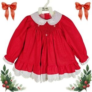 Vintage 80s Girls 24 Months Red Christmas Dress Full Skirt White Ruffle Trim